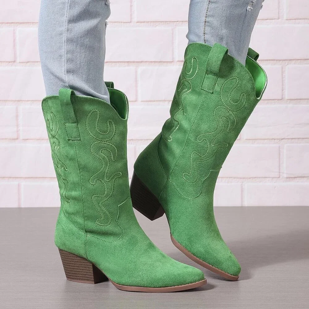 Women's Green Cowgirl Mid Calf Western Embroidery Stitched Chunky Heel Boots